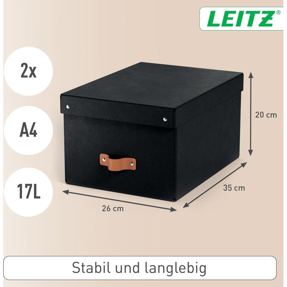 Schwarze Leitz Aufbewahrungsbox, 26x35x20cm, A4, 17L, mit Griff.