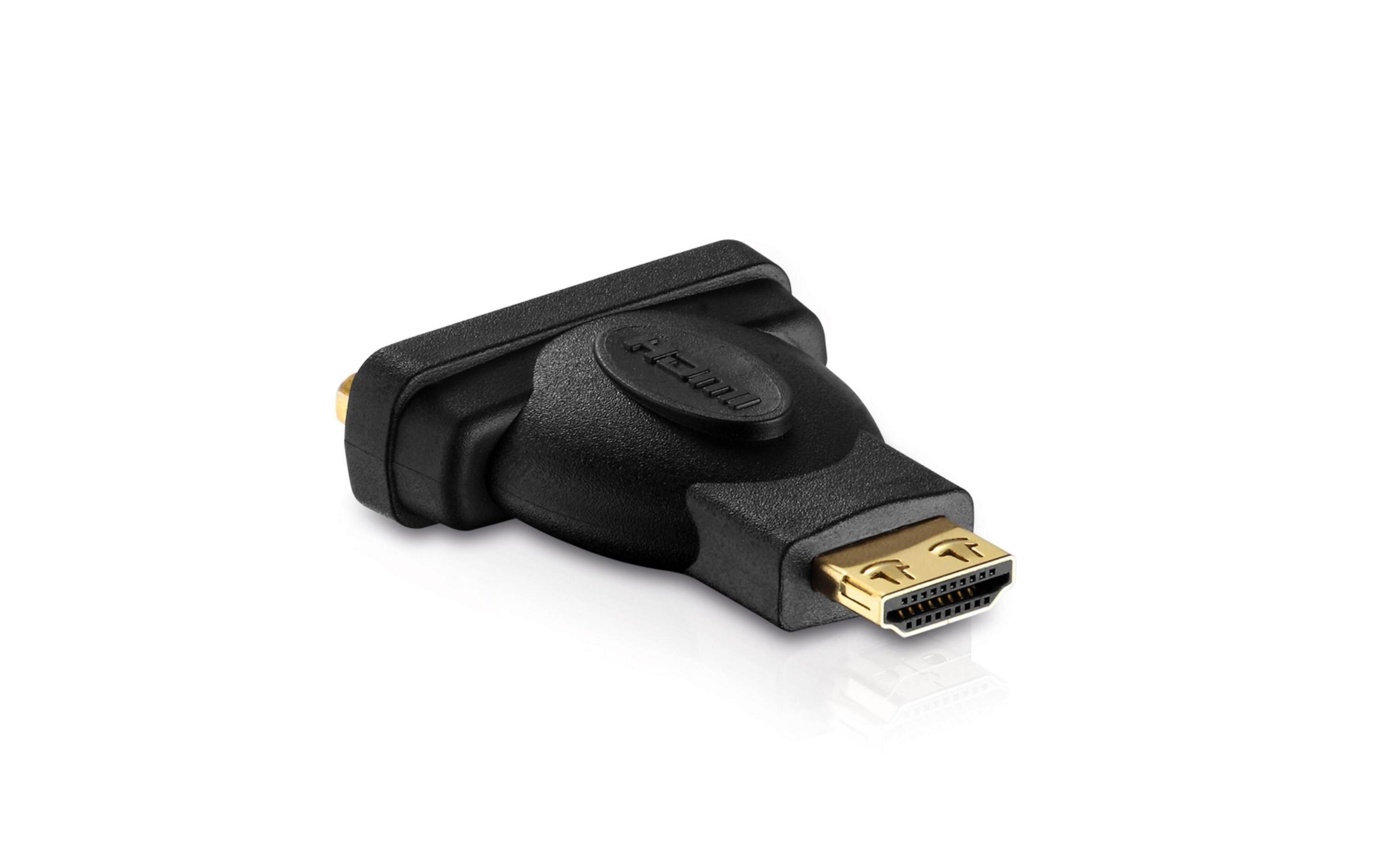 Ein schwarzer HDMI-Adapter mit goldenen Anschlüssen auf weißem Hintergrund.