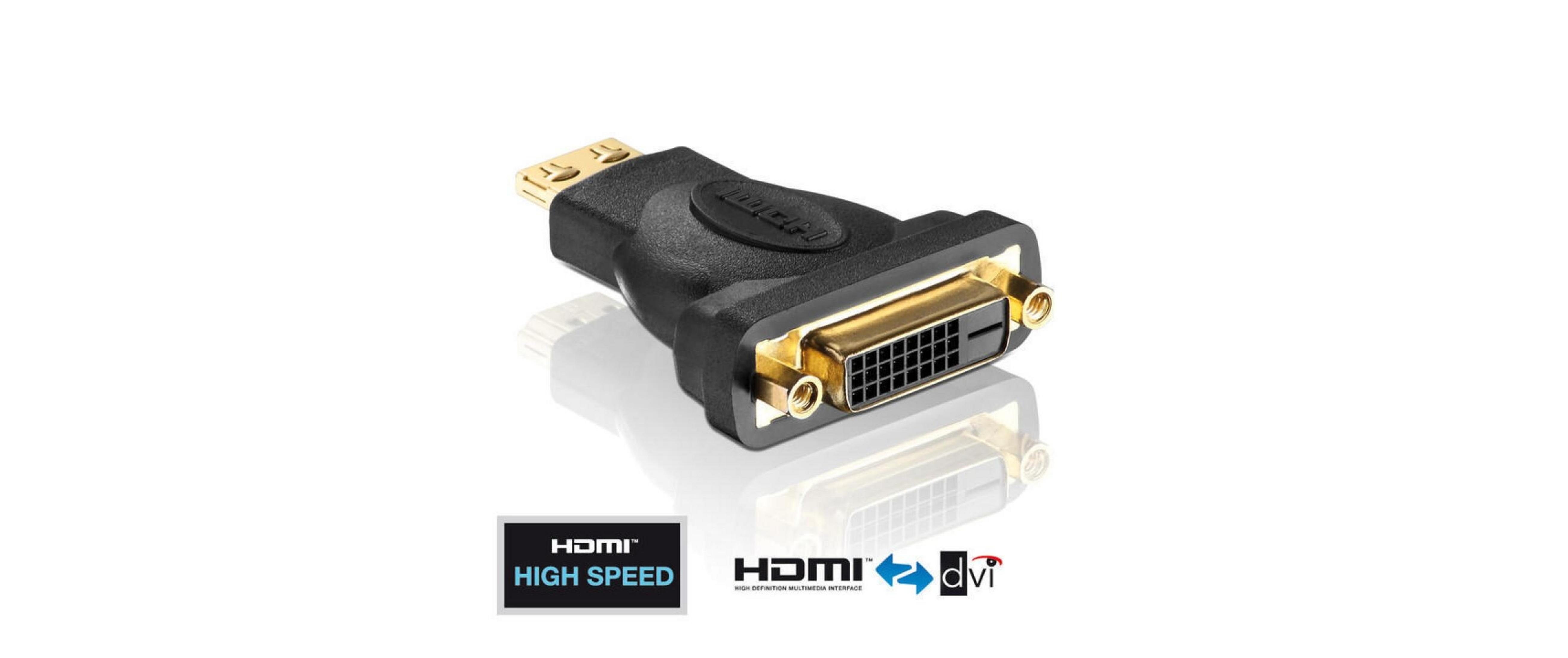 Schwarzer HDMI zu DVI Adapter mit goldenen Anschlüssen und Spiegelung.
