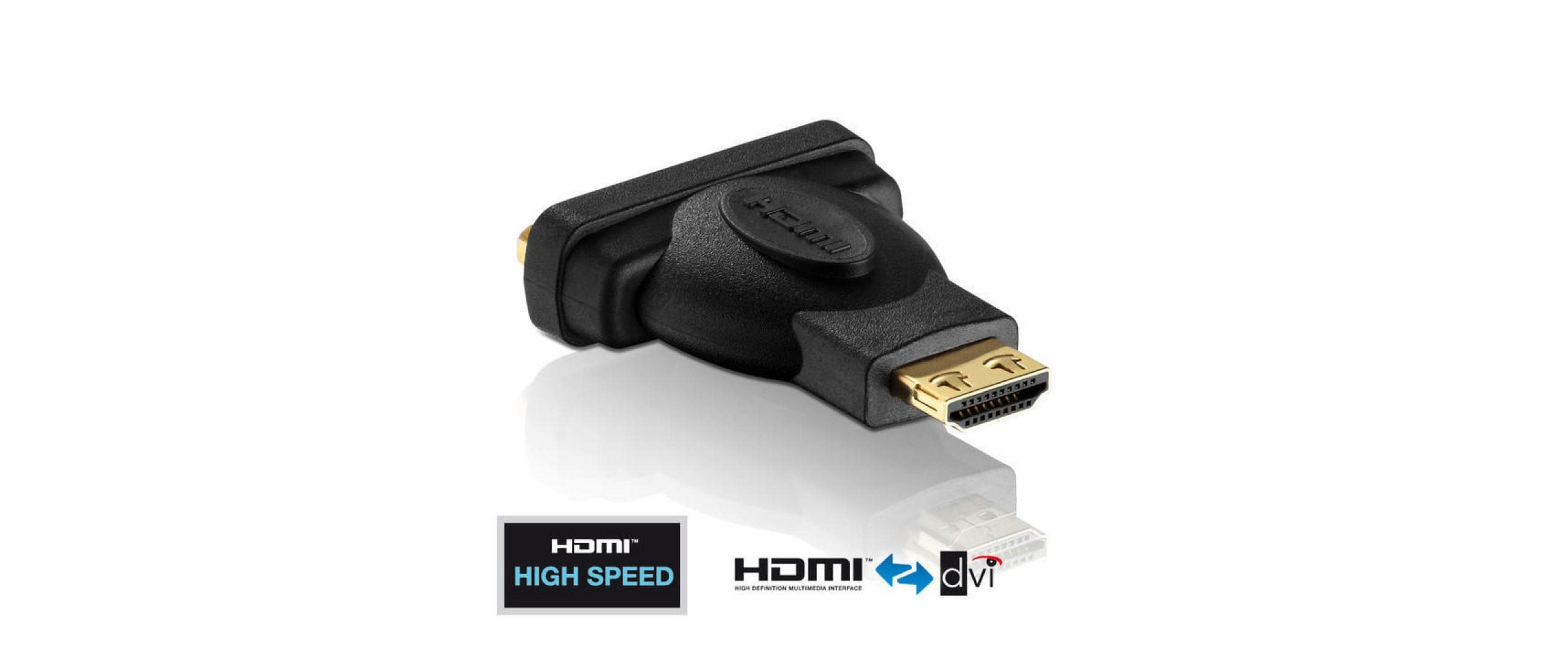 Schwarzer HDMI zu DVI Adapter mit goldenen Kontakten. HDMI High Speed.