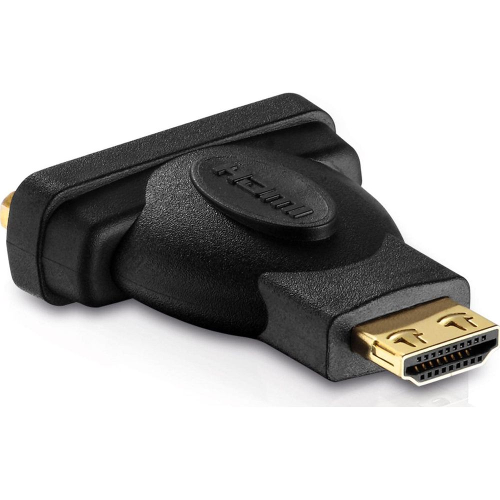 Schwarzer HDMI-Adapter mit goldenen Anschlüssen, auf weißem Hintergrund.
