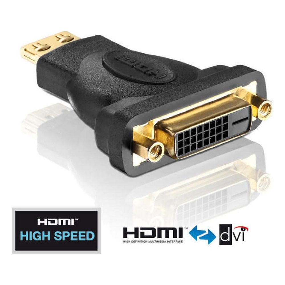 Ein schwarzer HDMI zu DVI Adapter mit goldenen Anschlüssen.