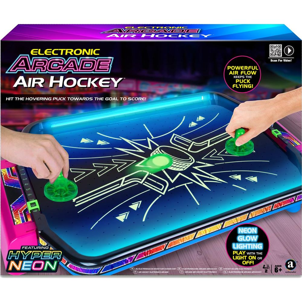 Gioco elettronico di air hockey con illuminazione al neon e due mazze verdi.