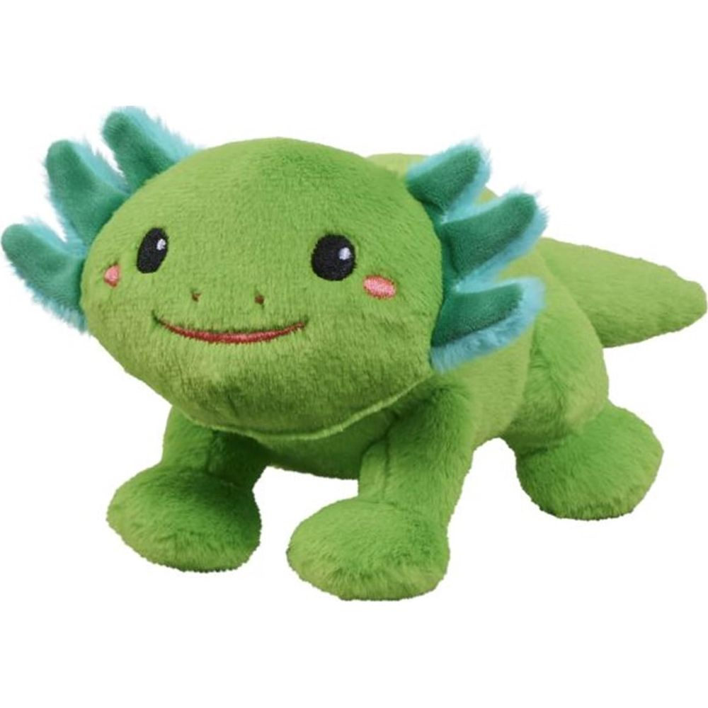 Un jouet axolotl en peluche verte avec des volants bleus et un visage souriant.