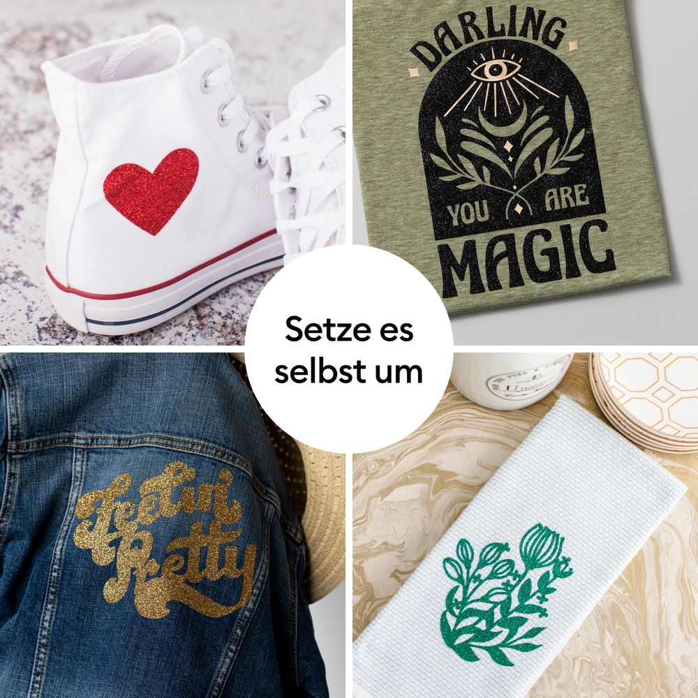 Collage: weiße Sneaker mit Herz, T-Shirt mit Auge, Jeansjacke mit Schriftzug, Tuch mit Blume.