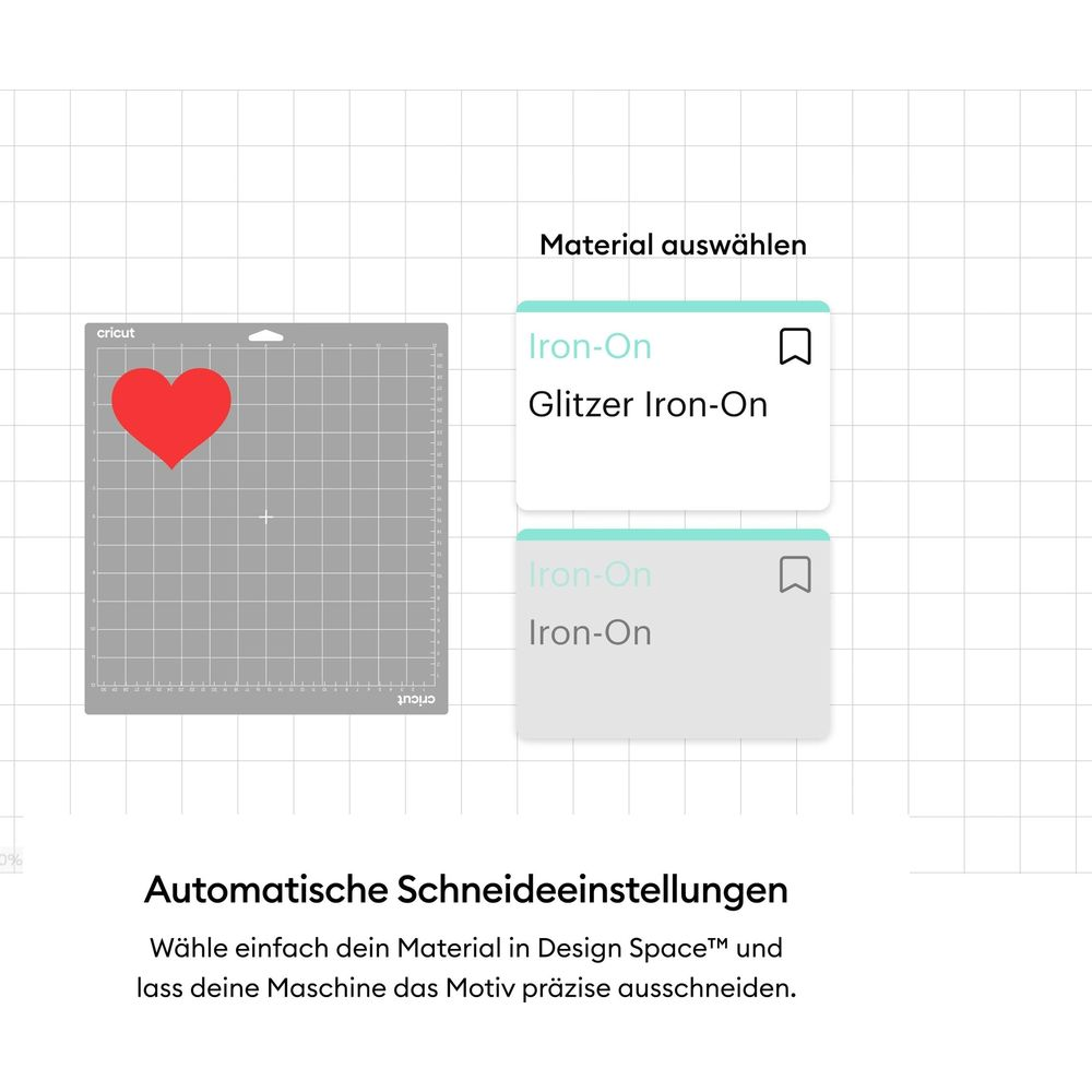 Eine Schneidematte mit rotem Herz wird gezeigt, mit Materialoptionen.