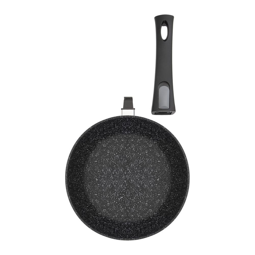 Eine schwarze Bratpfanne mit gesprenkelter Oberfläche und einem abnehmbaren schwarzen Griff.