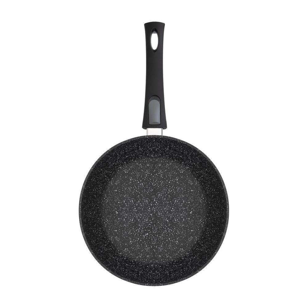 Eine schwarze Bratpfanne mit Granitbeschichtung und einem schwarzen Griff.