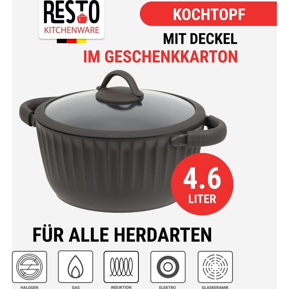 Schwarzer 4,6-Liter-Kochtopf mit Glasdeckel und Griffen, für alle Herdarten.
