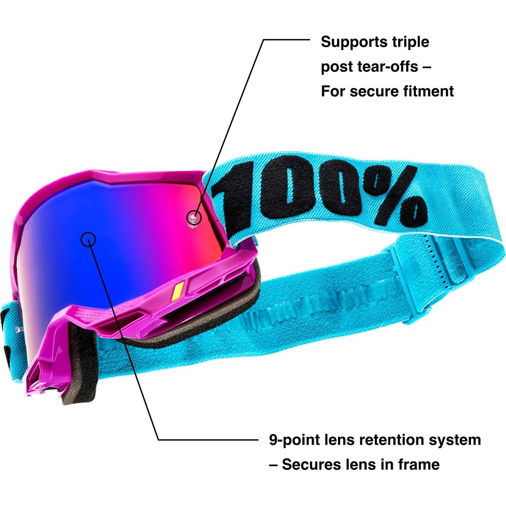 Lila Schutzbrille mit blauer Linse und türkisfarbenem Riemen mit '100%'-Logo.