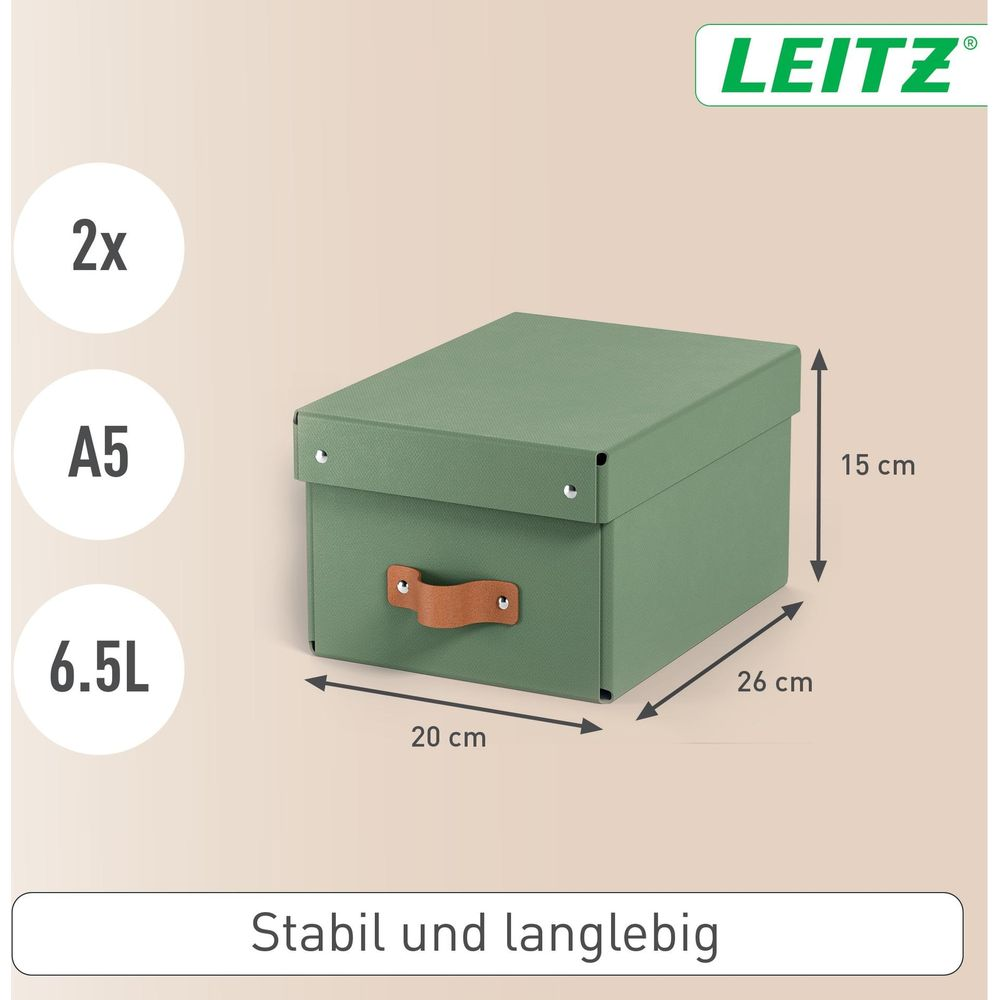 Grüne Aufbewahrungsbox, 20x26x15cm, mit Ledergriff. Leitz Logo.