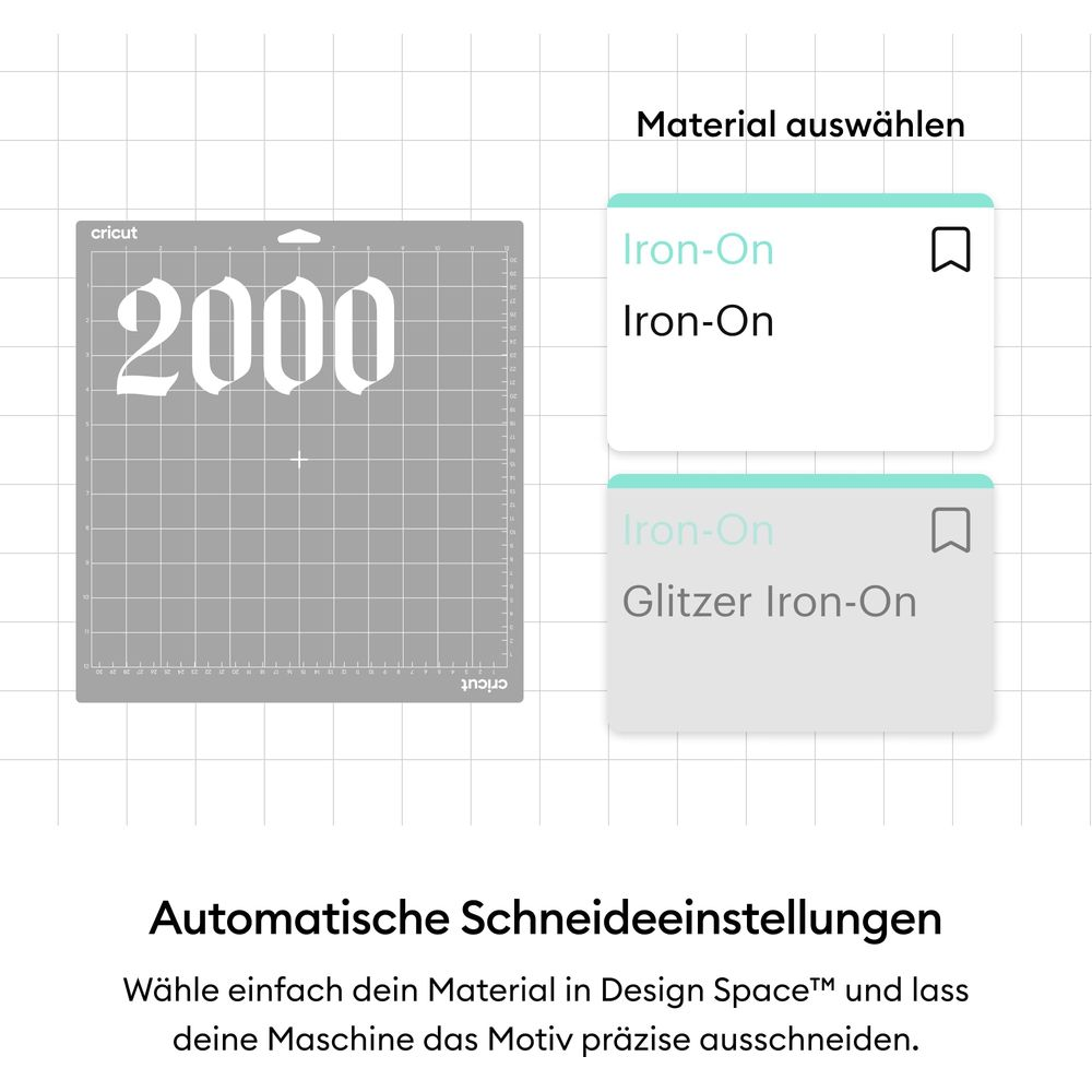 Cricut-Matte mit "2000"-Aufdruck und Materialauswahloptionen.