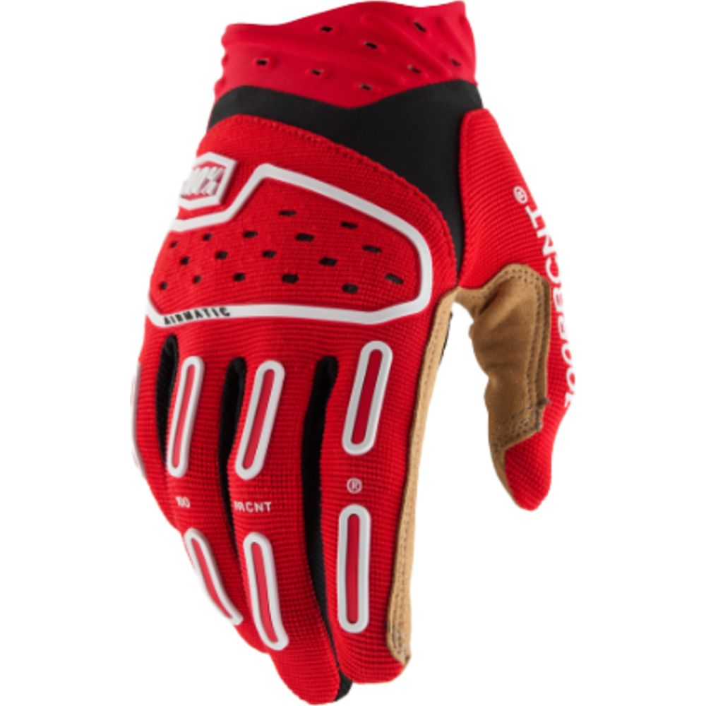 Roter Motorradhandschuh mit weißen Akzenten und braunen Details.
