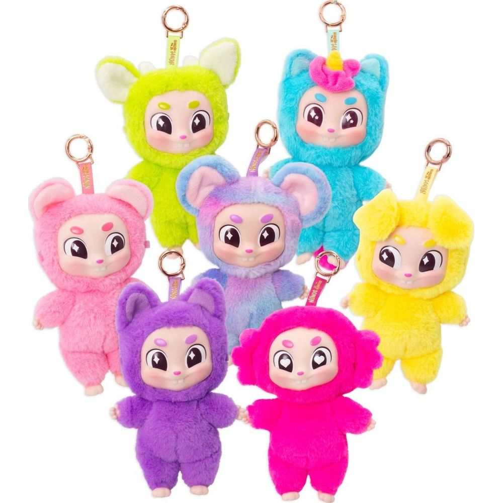 Sette morbidi peluche con portachiavi rosa, viola, blu, giallo, verde, blu/viola, fucsia.