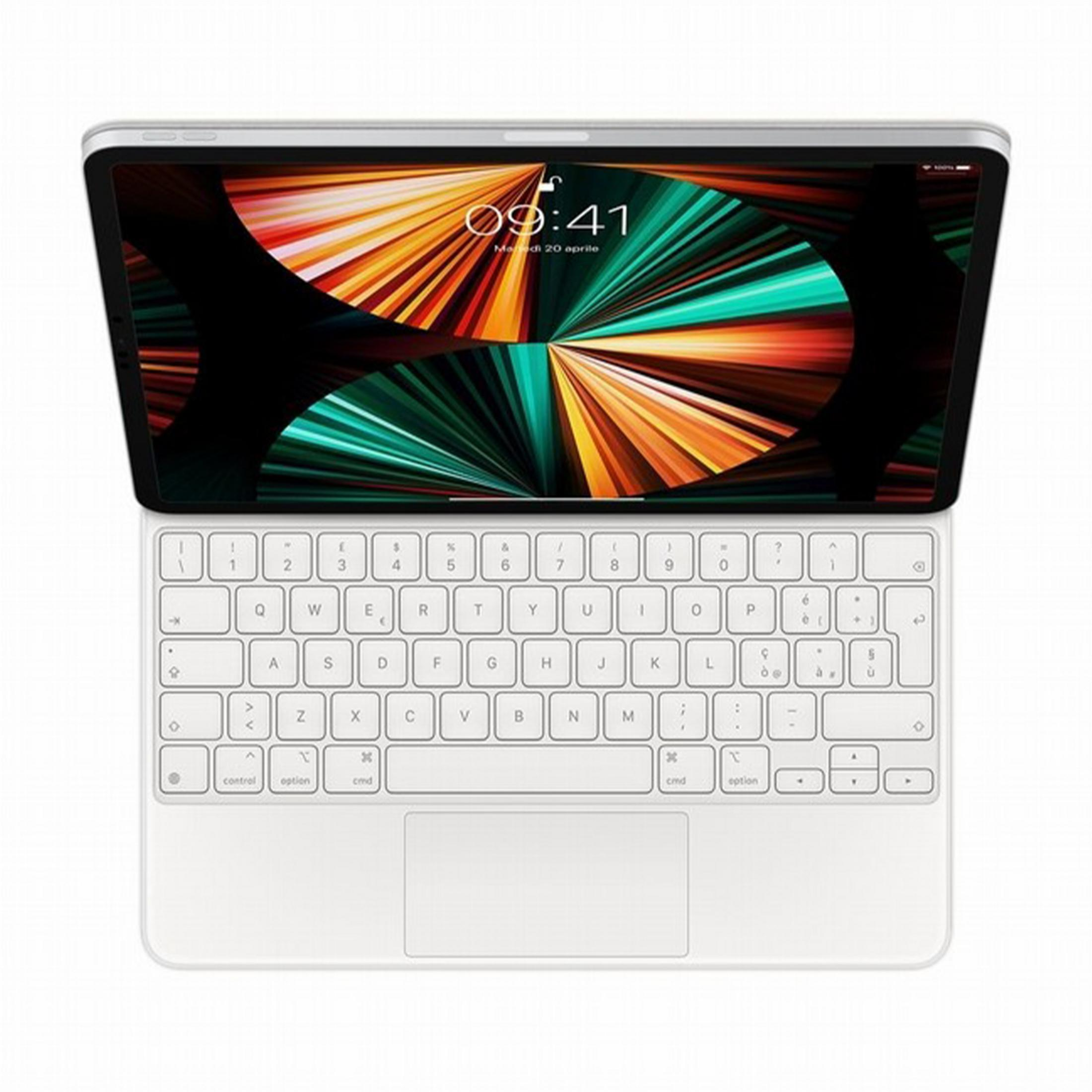 Ein weißes Tablet mit Tastatur und einem bunten Hintergrundbild auf dem Bildschirm.