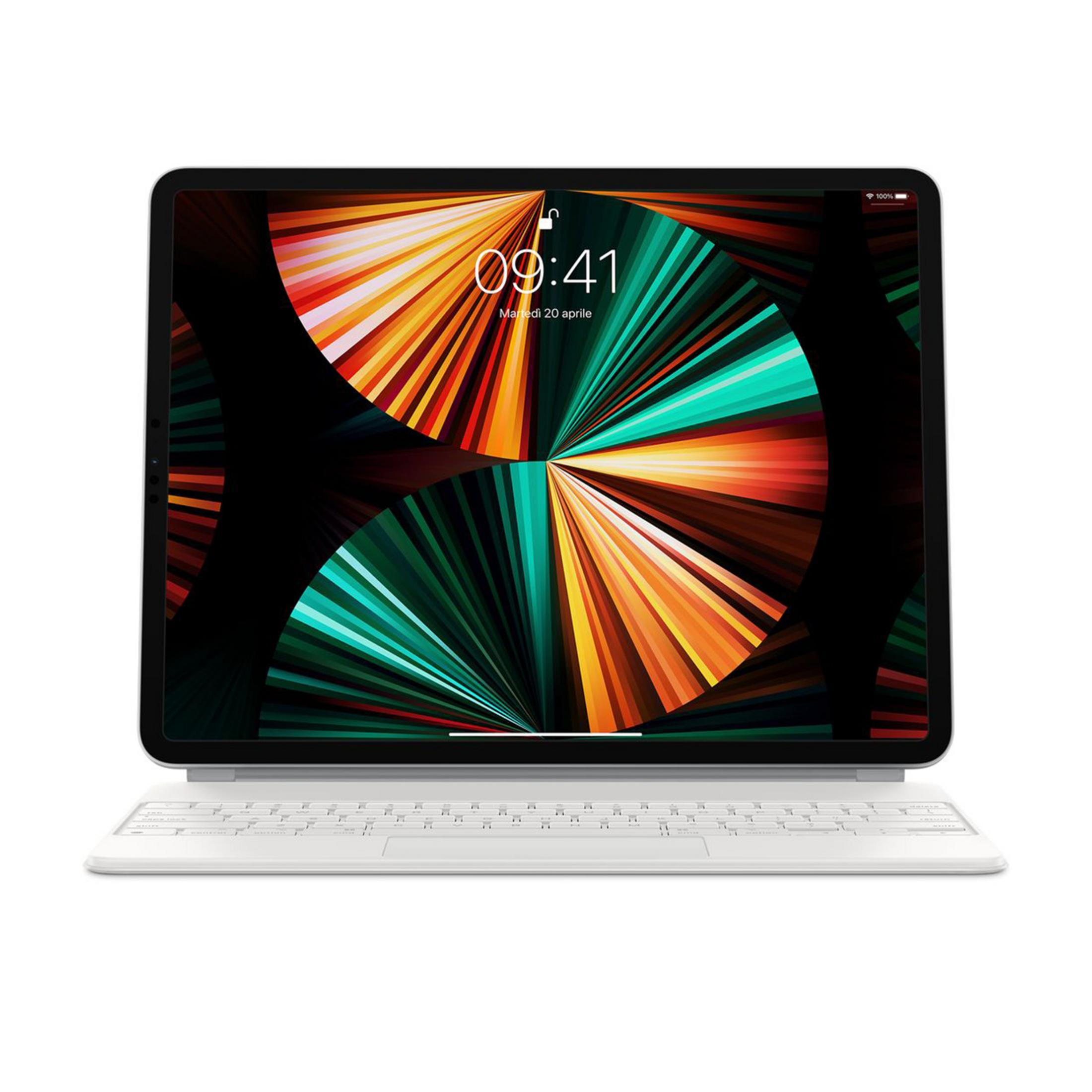 Ein Tablet mit weißer Tastatur und einem lebendigen, strahlenförmigen Hintergrundbild.