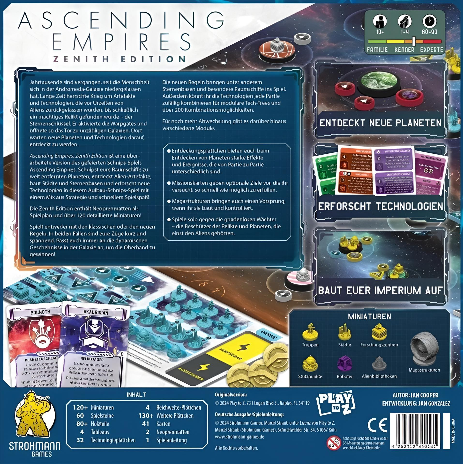 Brettspiel "Ascending Empires: Zenith Edition" mit Planeten, Raumschiffen und Miniaturen.