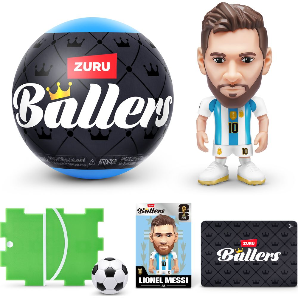 Fußballfiguren-Set: Lionel Messi-Figur, Ball, Spielfeldteile, Ballers-Kugel und Karte.
