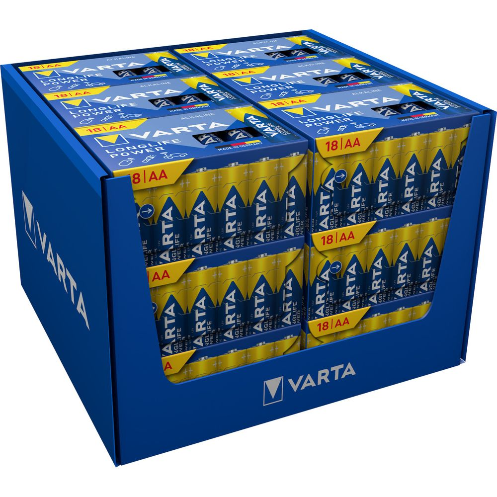 Scatola di batterie Varta AA, gialla e blu, con stampa.