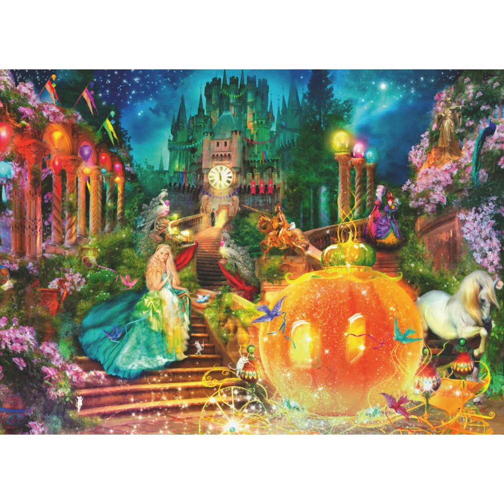 Principessa davanti a un castello, carrozza di zucca, cavallo, cielo stellato.