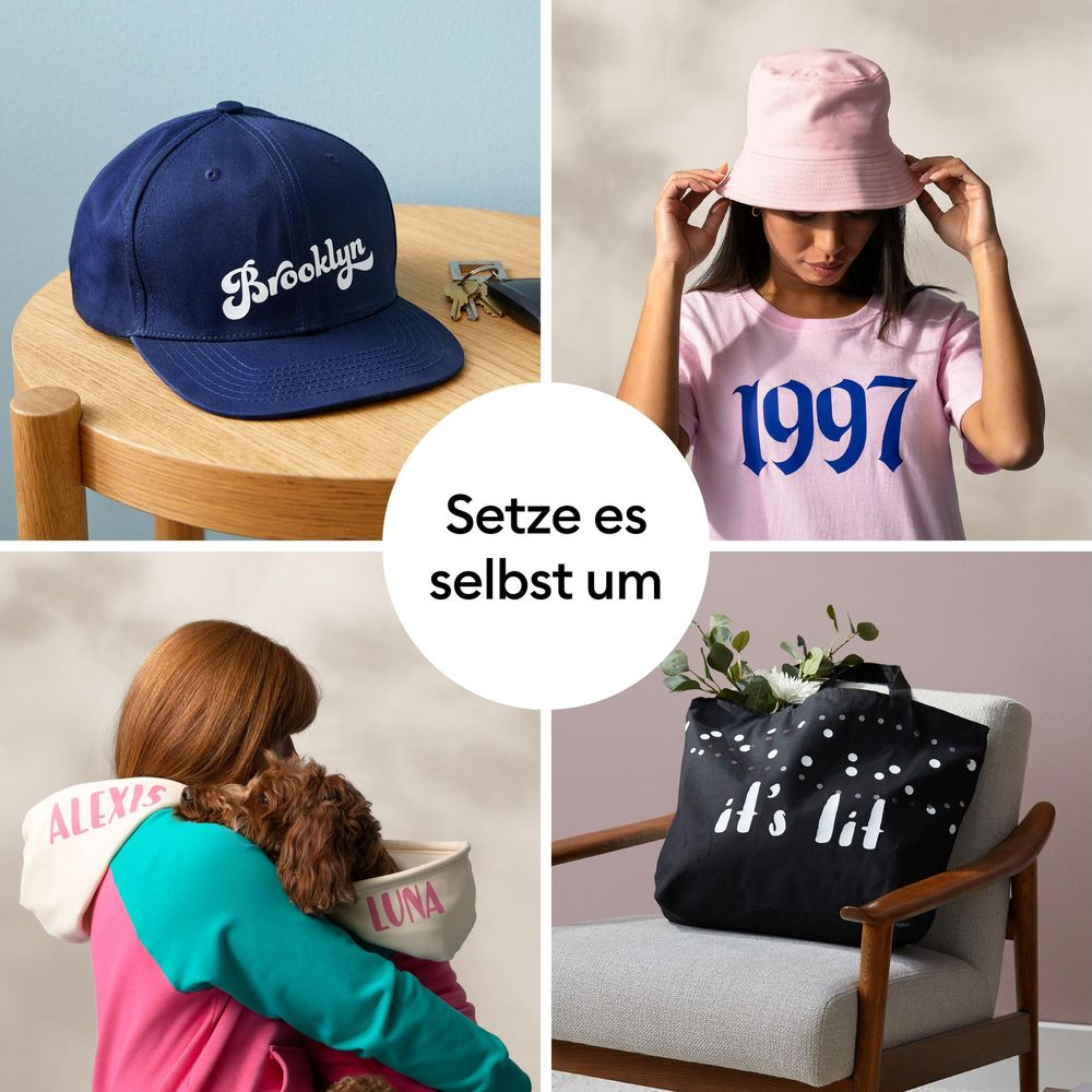 Collage mit personalisierbaren Modeartikeln: Kappe, T-Shirt, Tasche, Hoodie.