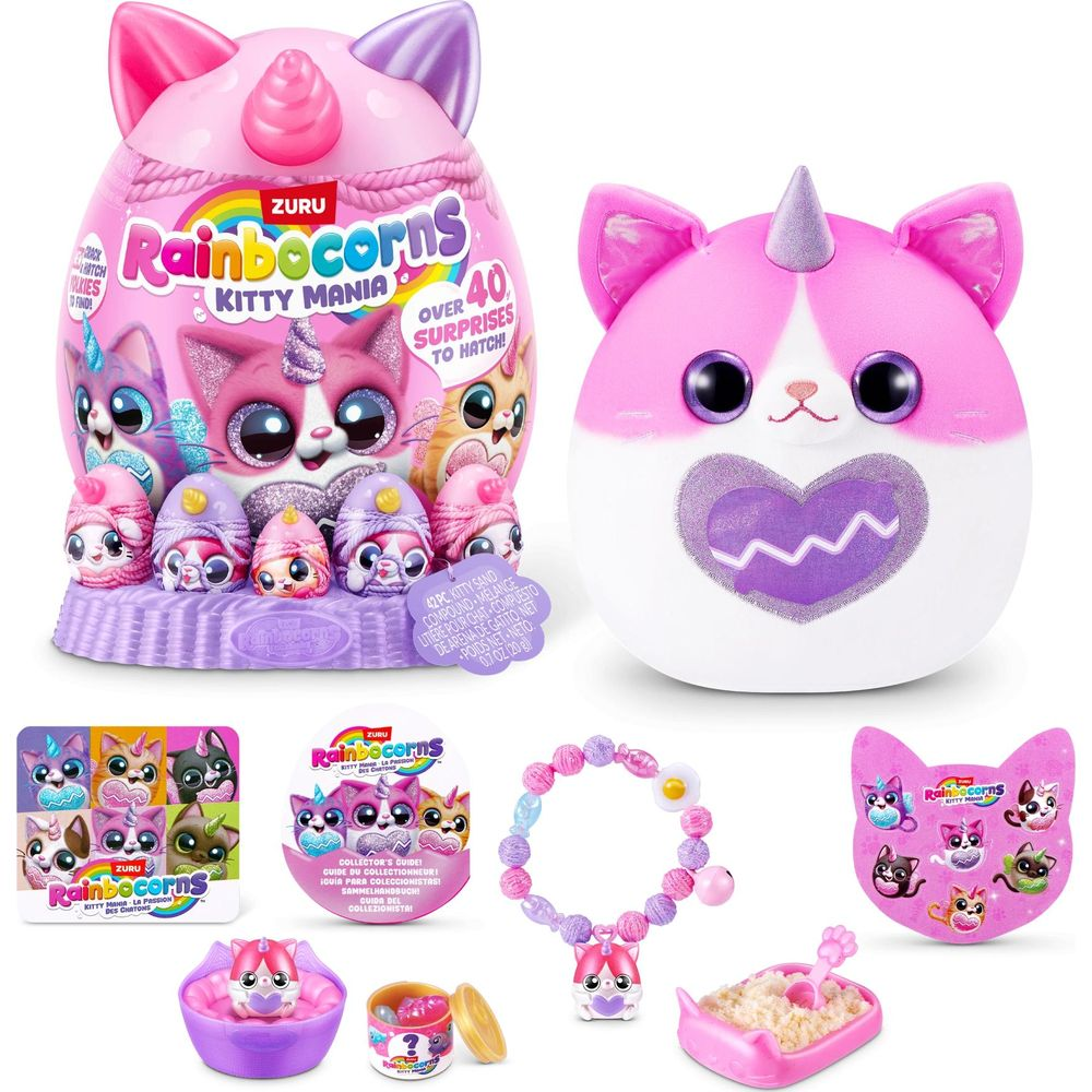 Rainbocorns Kitty Mania Spielzeug mit Zubehör, darunter ein Ei, ein Stofftier und eine Halskette.