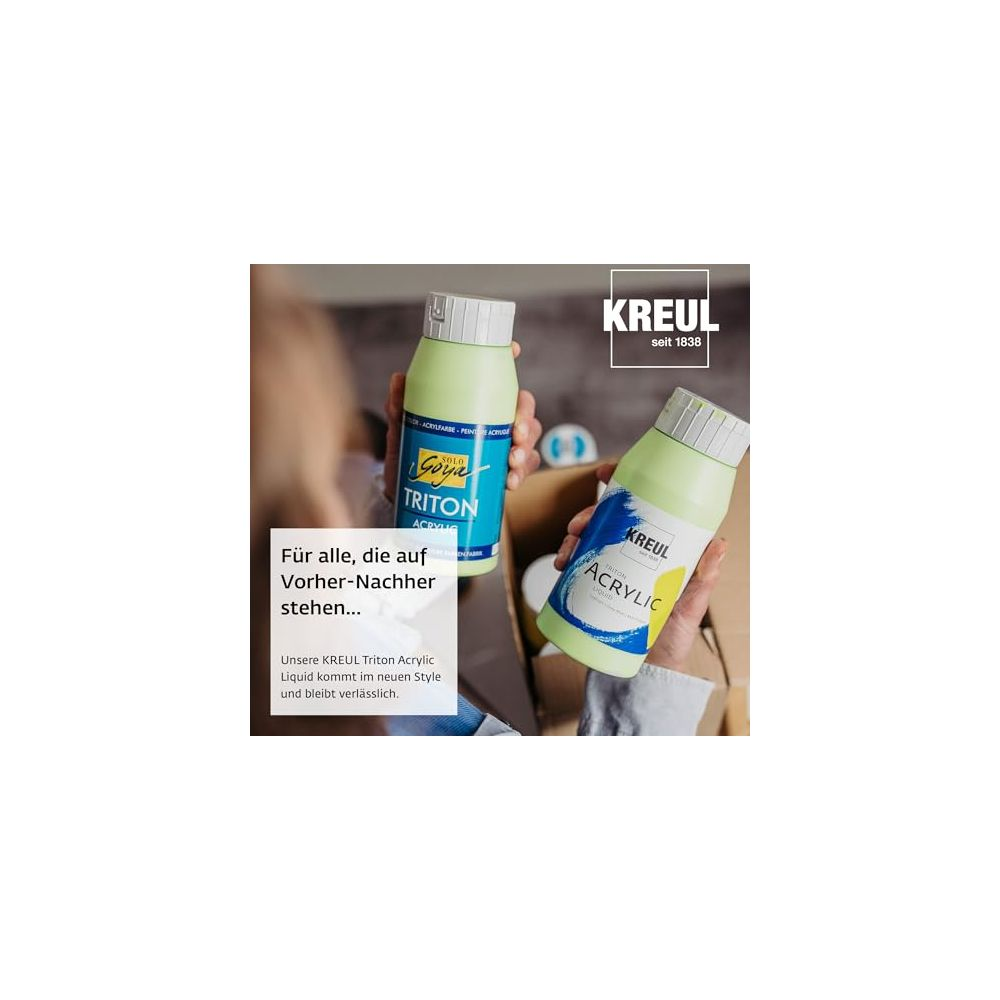 Zwei Hände halten je eine grüne Flasche KREUL Acrylfarbe. Text im Vordergrund.
