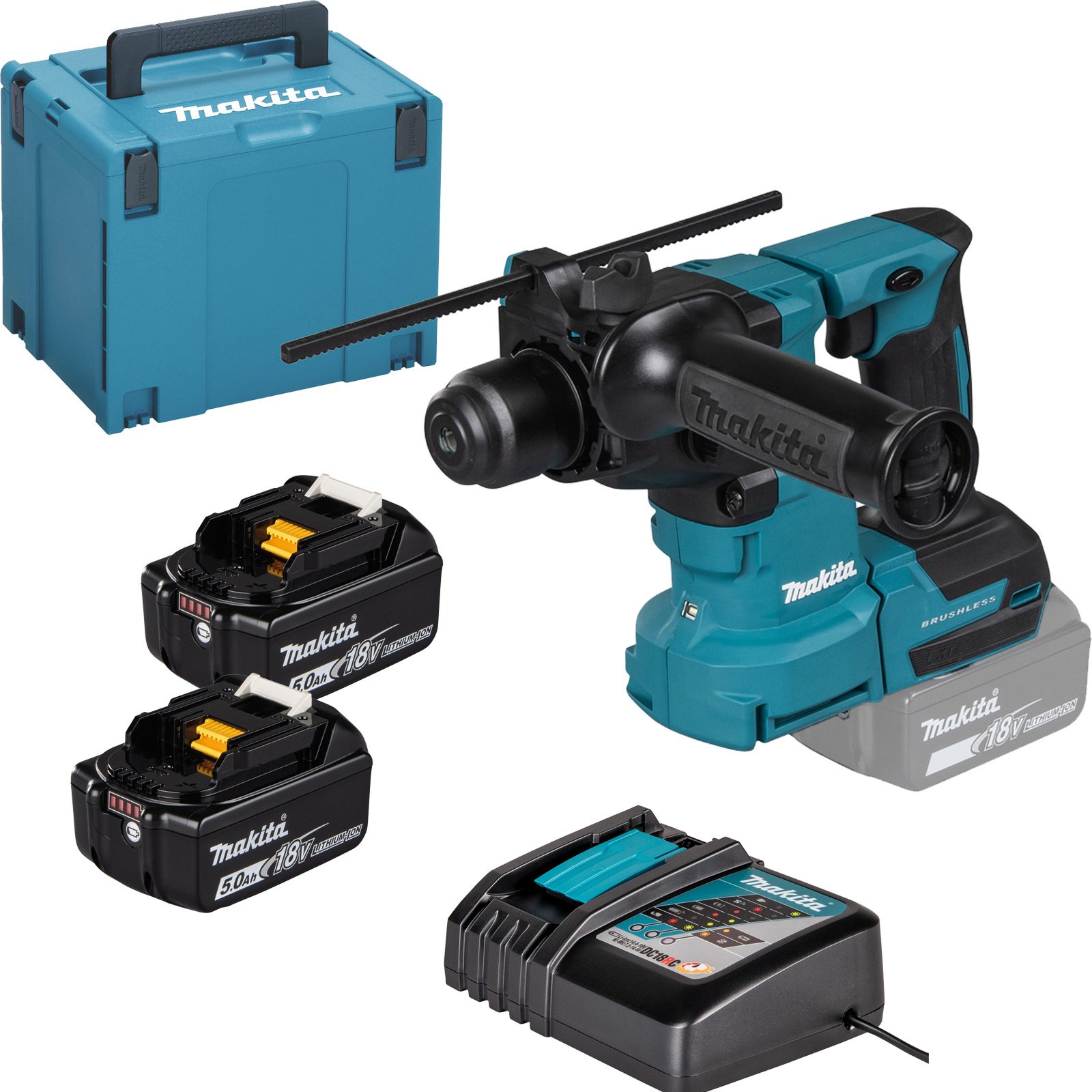 Martello perforatore Makita, due batterie da 18V, caricabatterie e valigetta.
