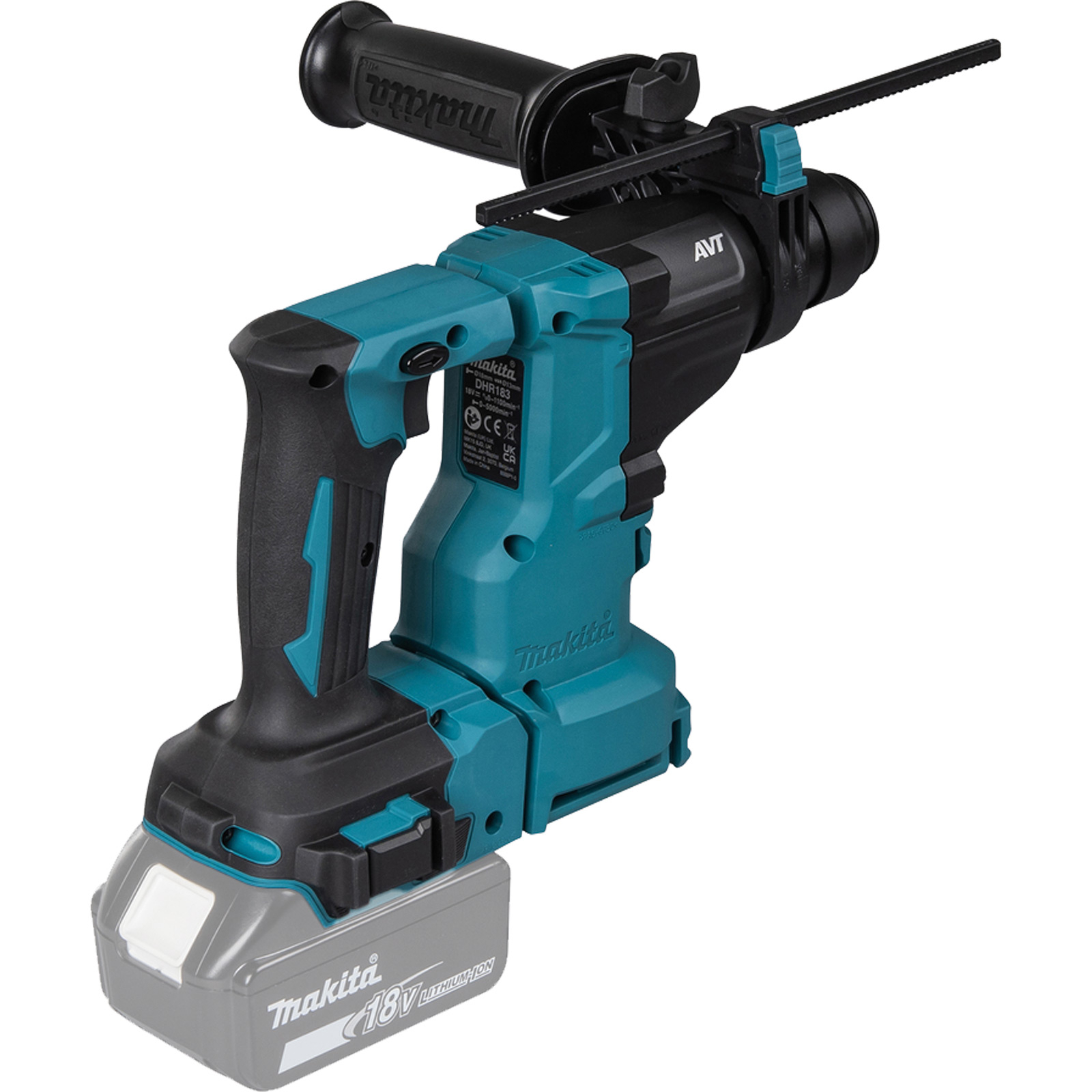 Un trapano Makita blu e nero con batteria e manico ausiliario.