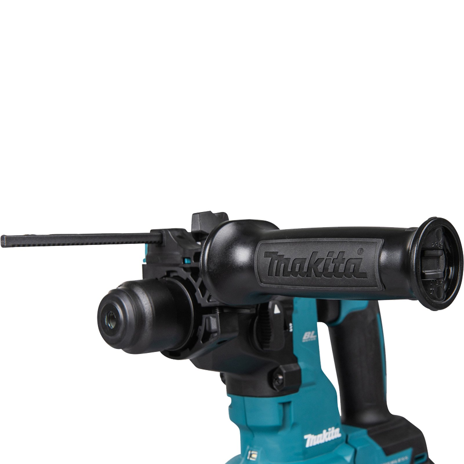Primo piano di un martello perforatore Makita blu e nero con impugnatura ausiliaria.