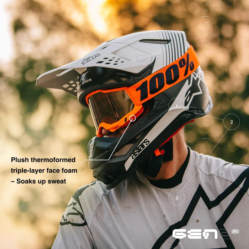 Ein Mann trägt einen weißen Motocross-Helm mit orangen und schwarzen Akzenten. Er trägt eine Schutzbrille.