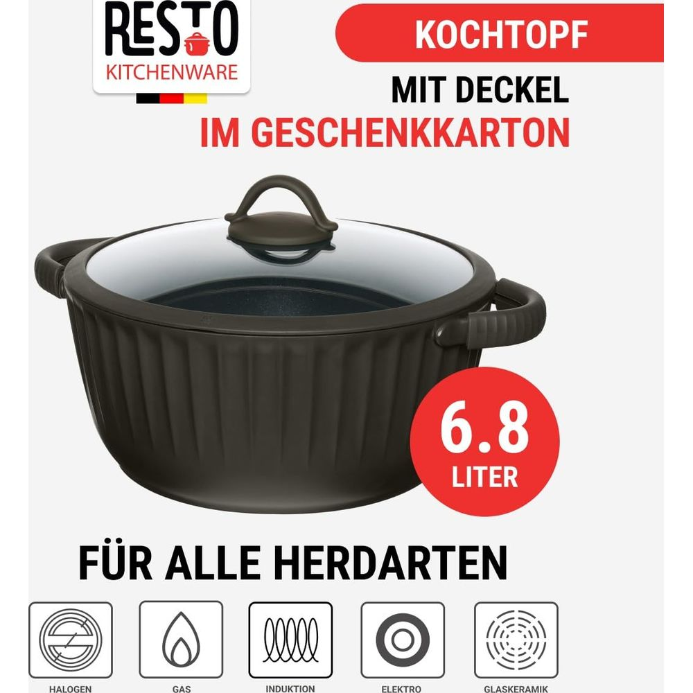 Ein schwarzer Kochtopf mit Glasdeckel und Henkeln, 6.8 Liter Fassungsvermögen.