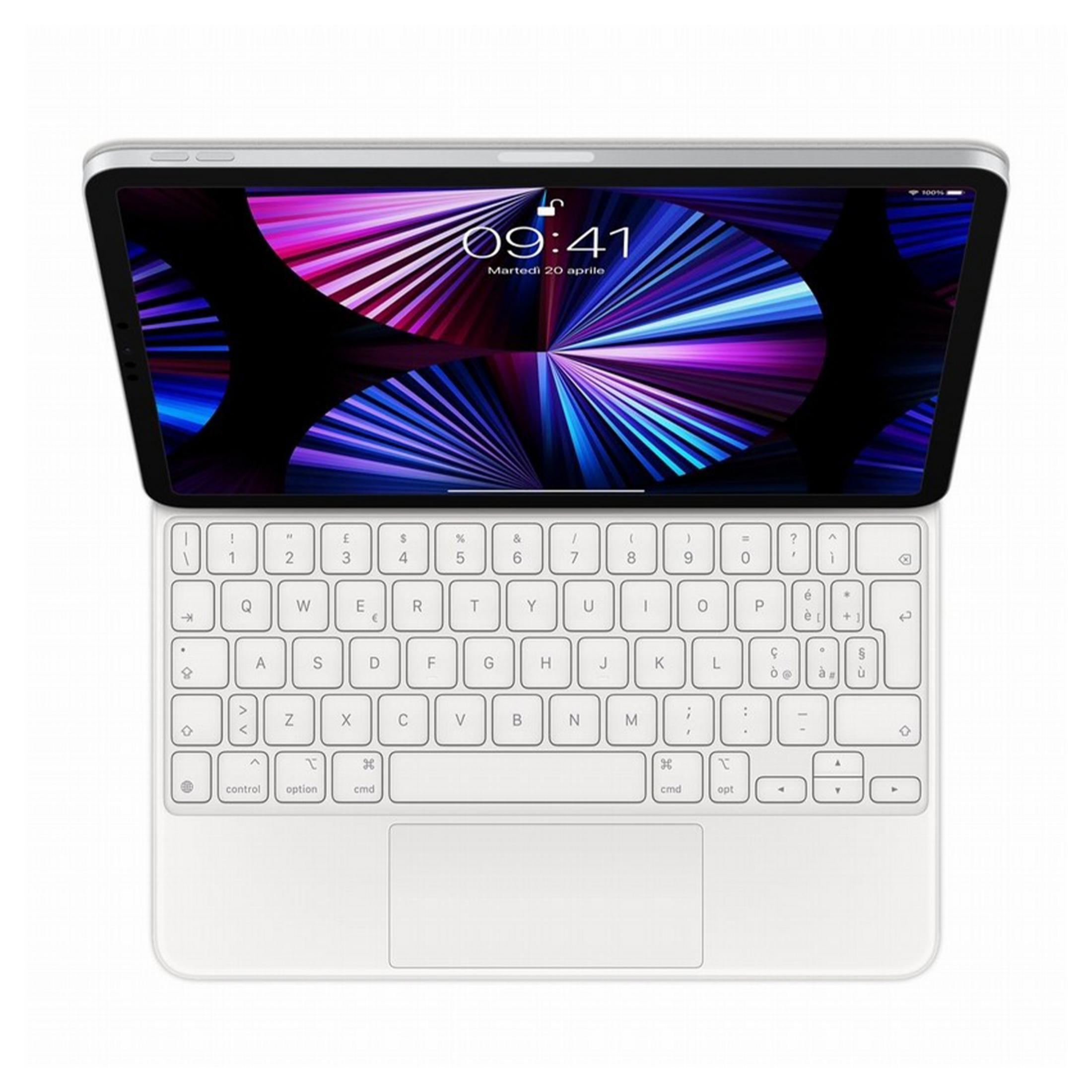 Ein weißes Tablet mit Tastatur zeigt einen bunten Hintergrund mit der Uhrzeit 09:41.