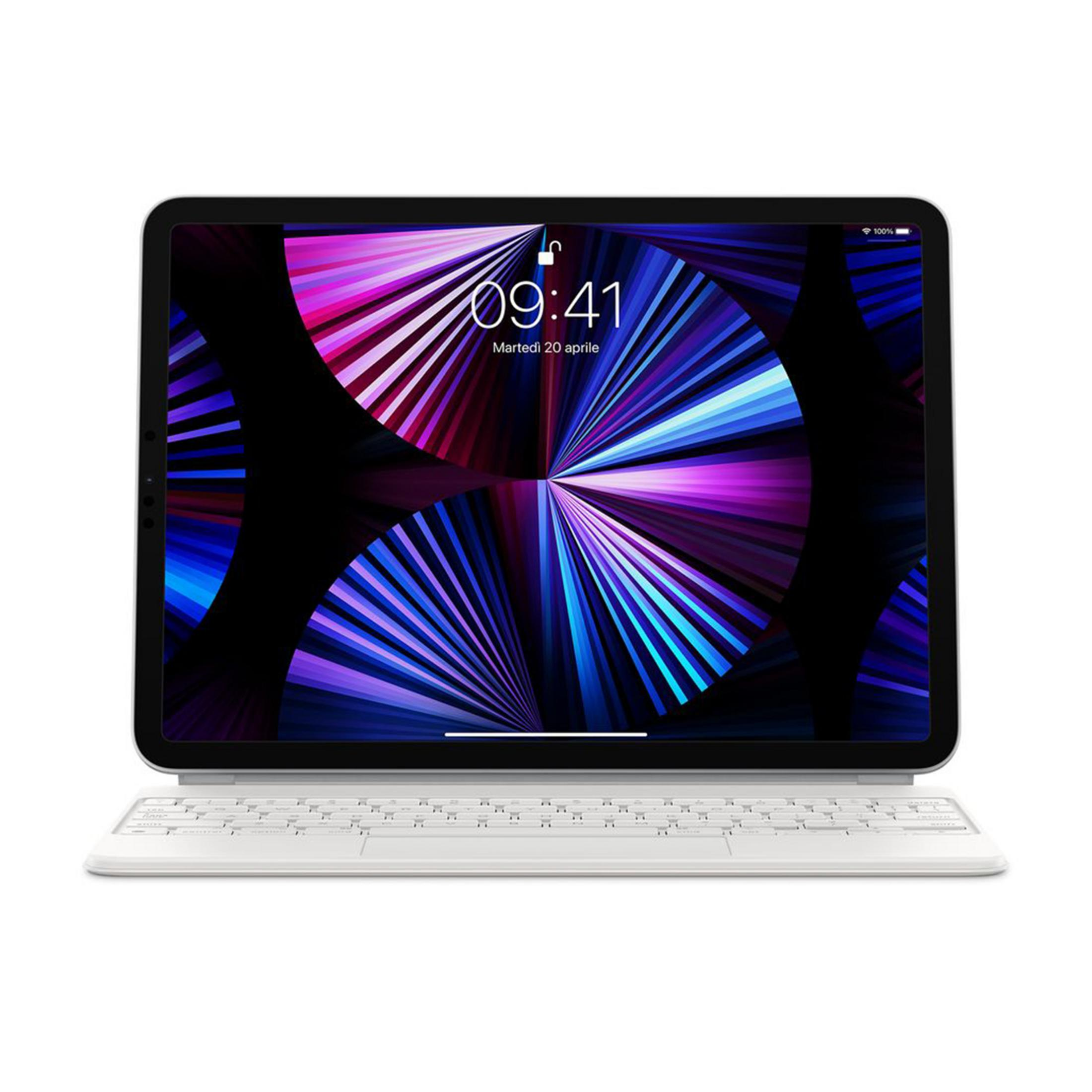 Ein Tablet mit Tastatur. Der Bildschirm zeigt eine abstrakte Grafik in Blau- und Lilatönen.