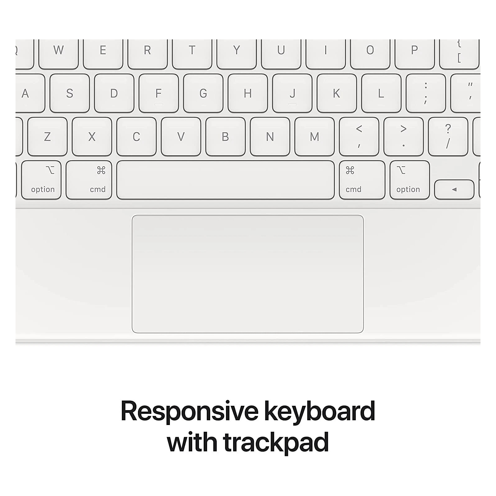 Weiße Tastatur mit Trackpad und Text "Responsive Tastatur mit Trackpad".