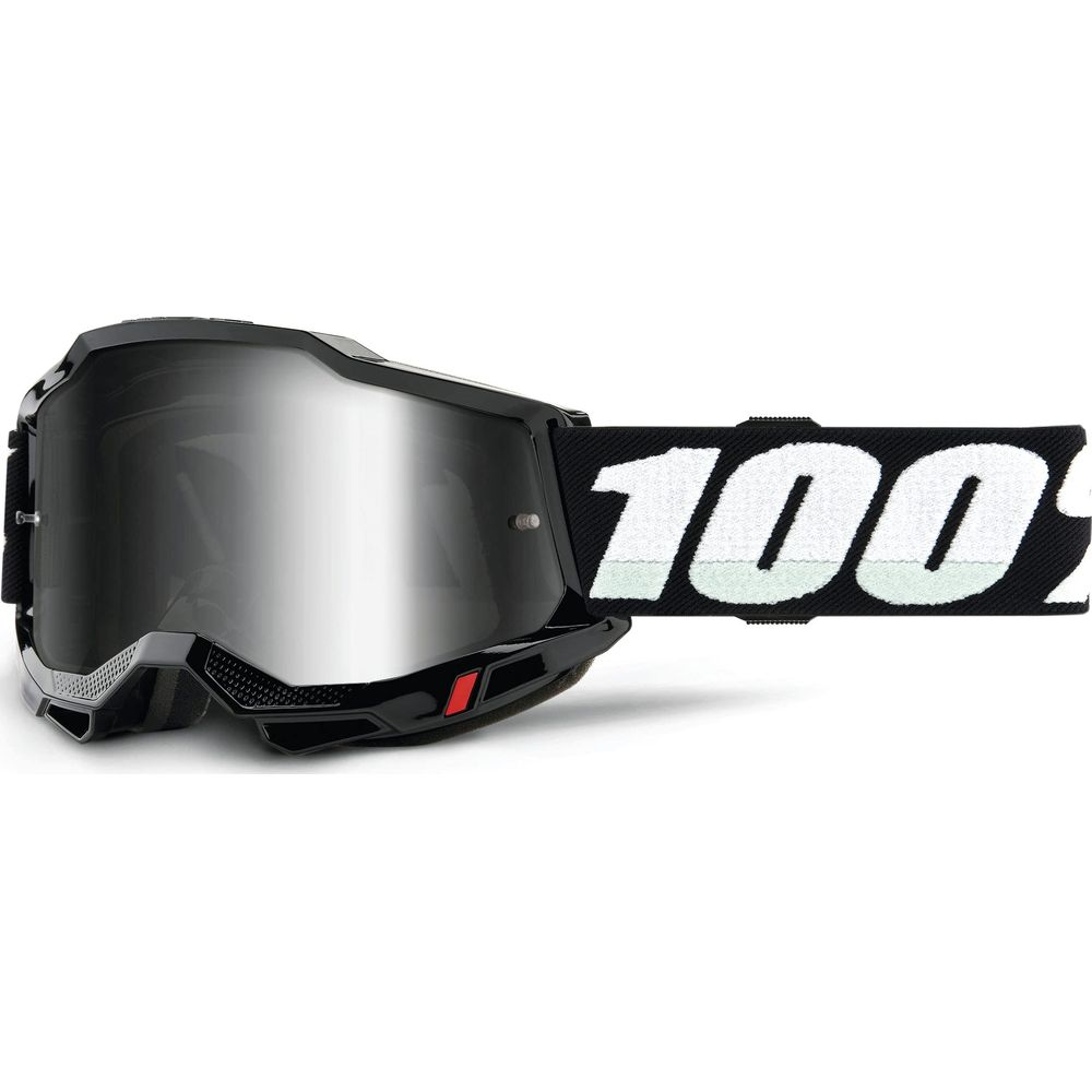 Schwarze Motorradbrille mit silberner Spiegellinse und schwarzem Band mit weißer "100"-Aufschrift.