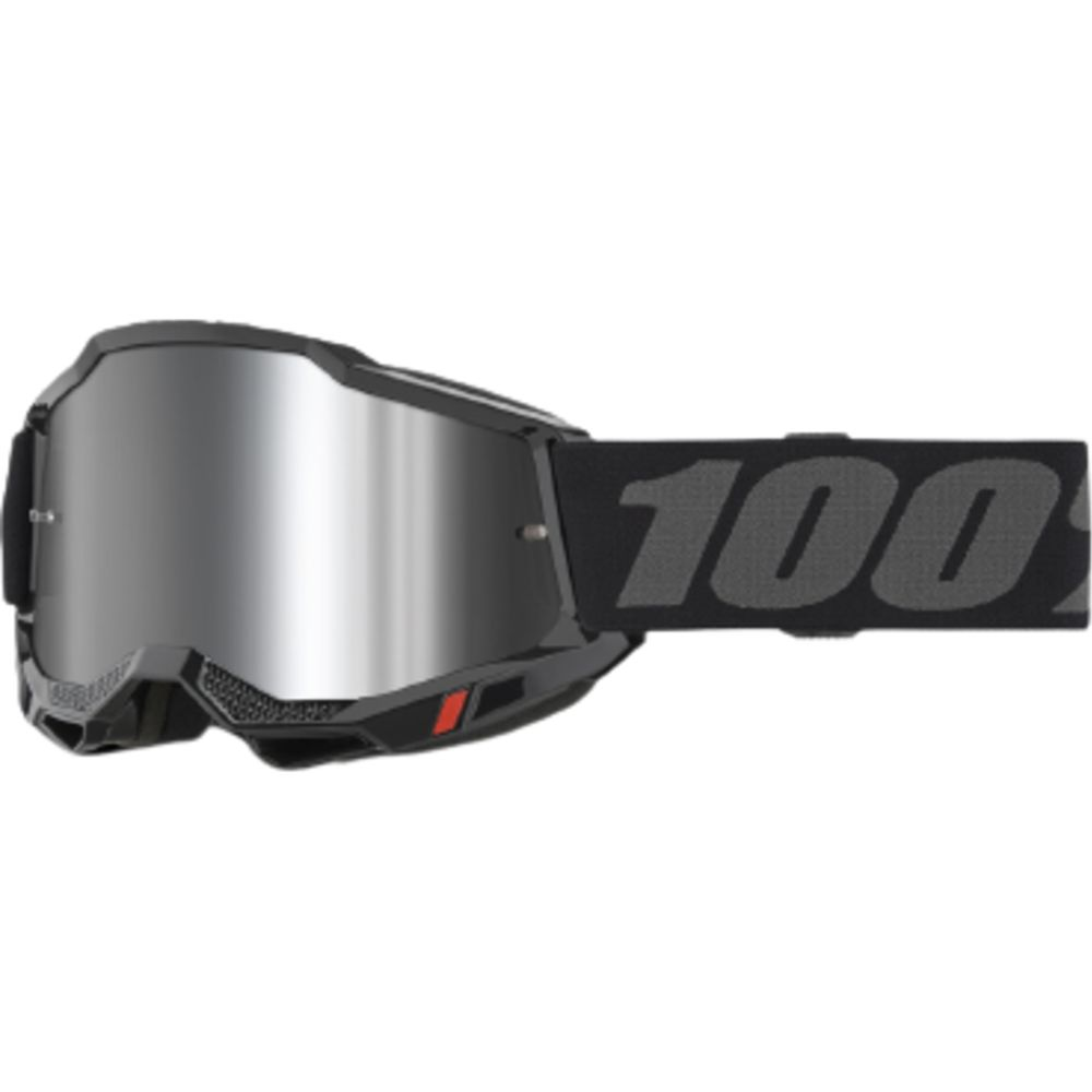 Schwarze Motocross-Brille mit verspiegelter Silberlinse und schwarzem Band mit grauem '100'-Logo.