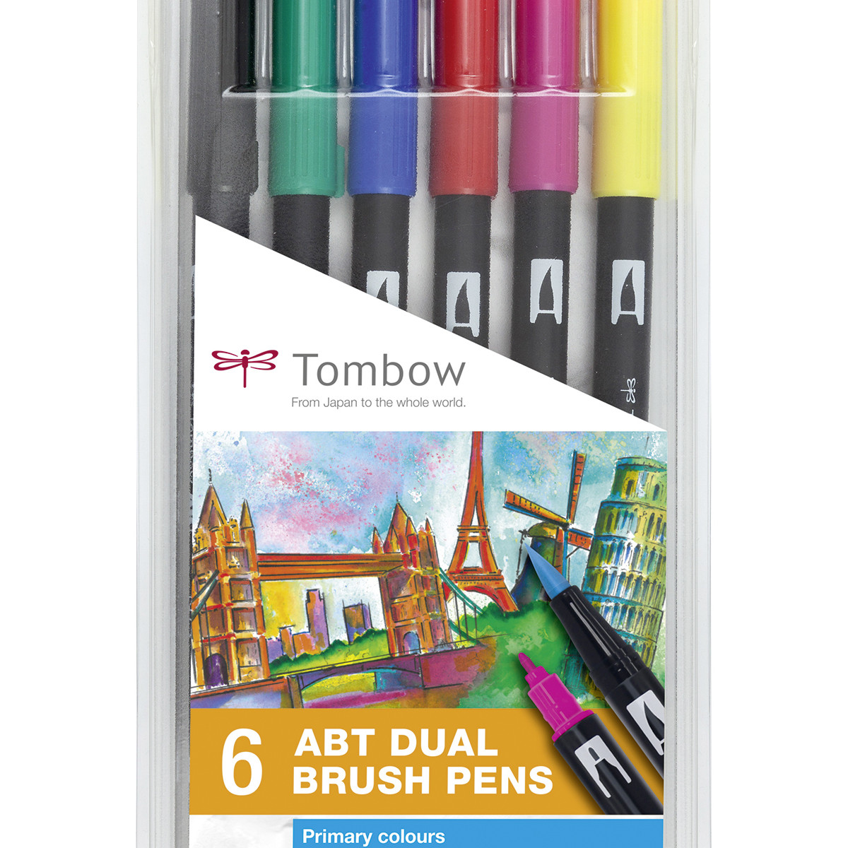 Tombow ABT Dual Brush Pens Set mit 6 Primärfarben und Weltwundern-Illustration.