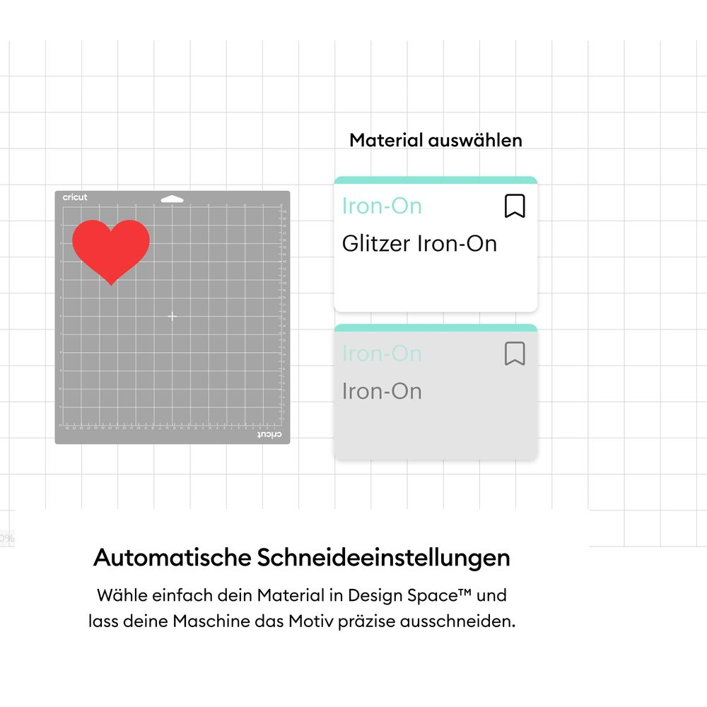 Schneidematte mit rotem Herz, Materialauswahl und automatische Schnitteinstellungen.