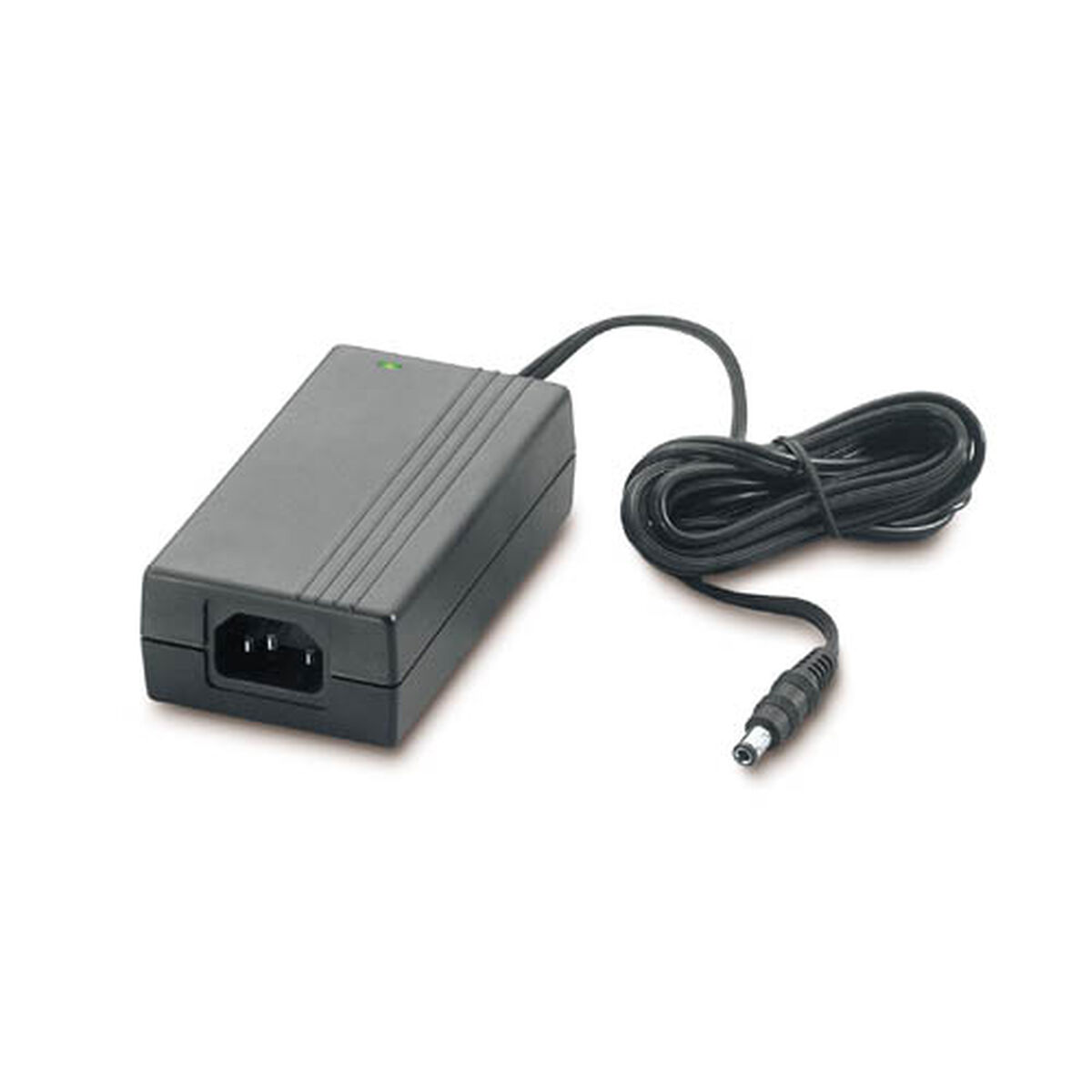 Alimentatore nero con ingresso IEC C14 e cavo DC avvolto.