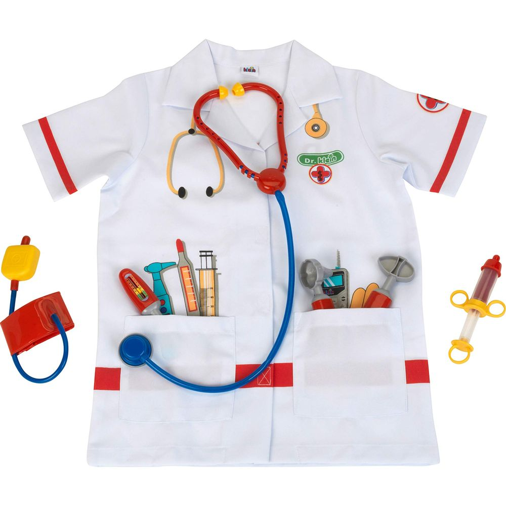 Bata de doctor infantil con estetoscopio, jeringa y tensiómetro de juguete.