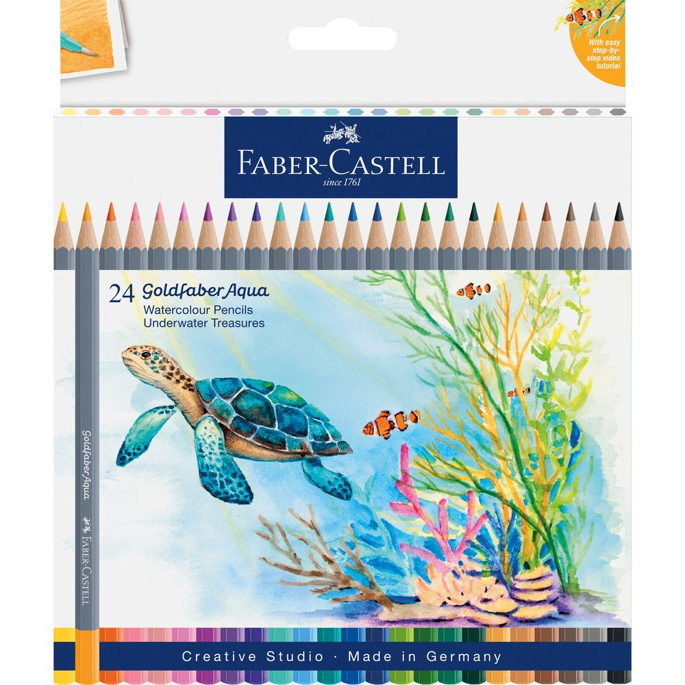 Faber-Castell Aquarellstifte mit Meeresschildkröte und Clownfischen im Korallenriff.