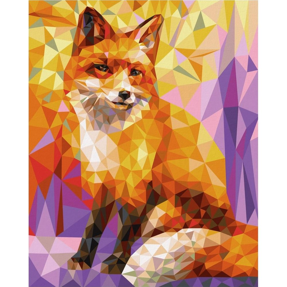 Ein Fuchs sitzt vor einem geometrischen Hintergrund in Gelb-, Orange- und Lilatönen.