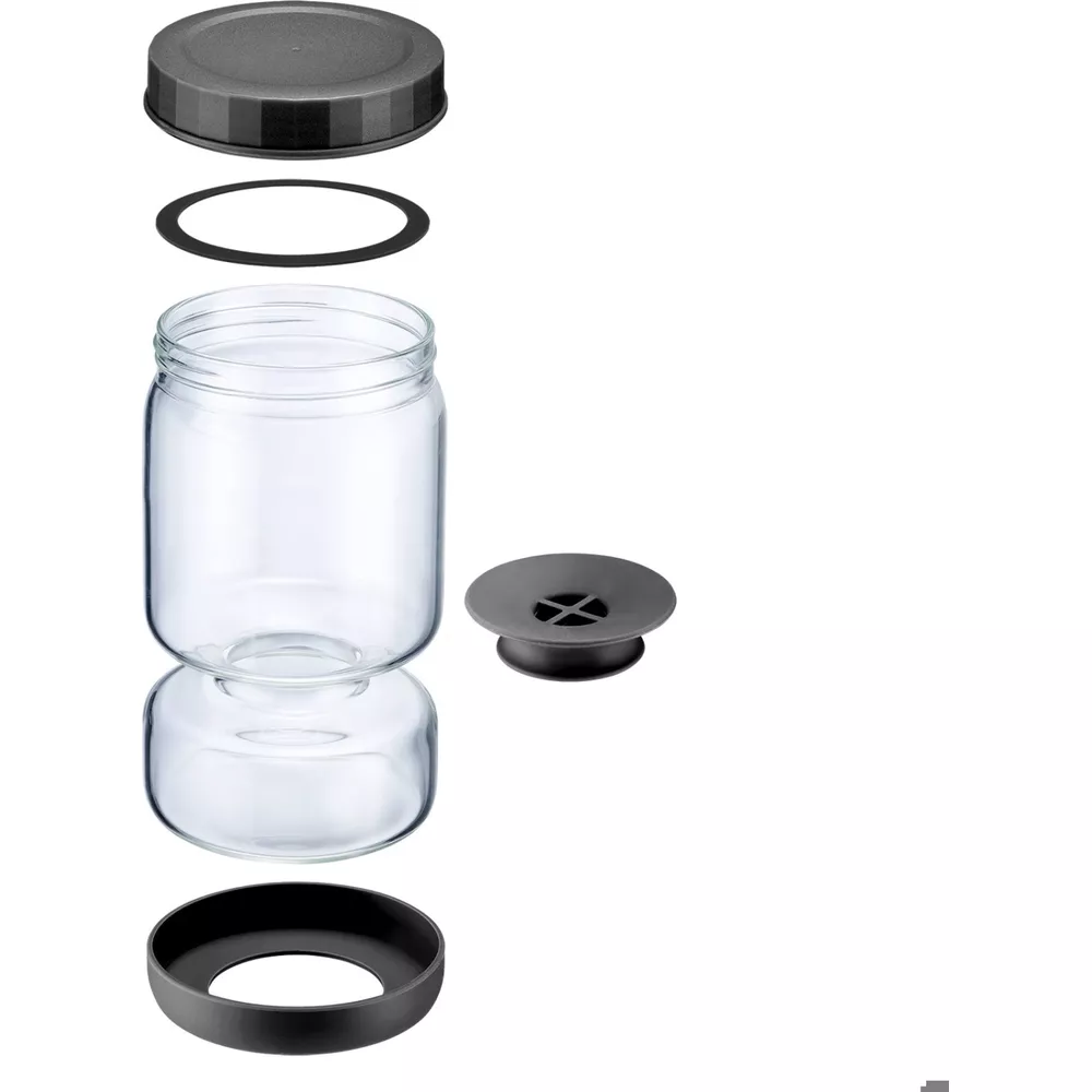 Zerlegte Glasbehälter-Komponenten mit Deckel, Dichtung und Bodenring.