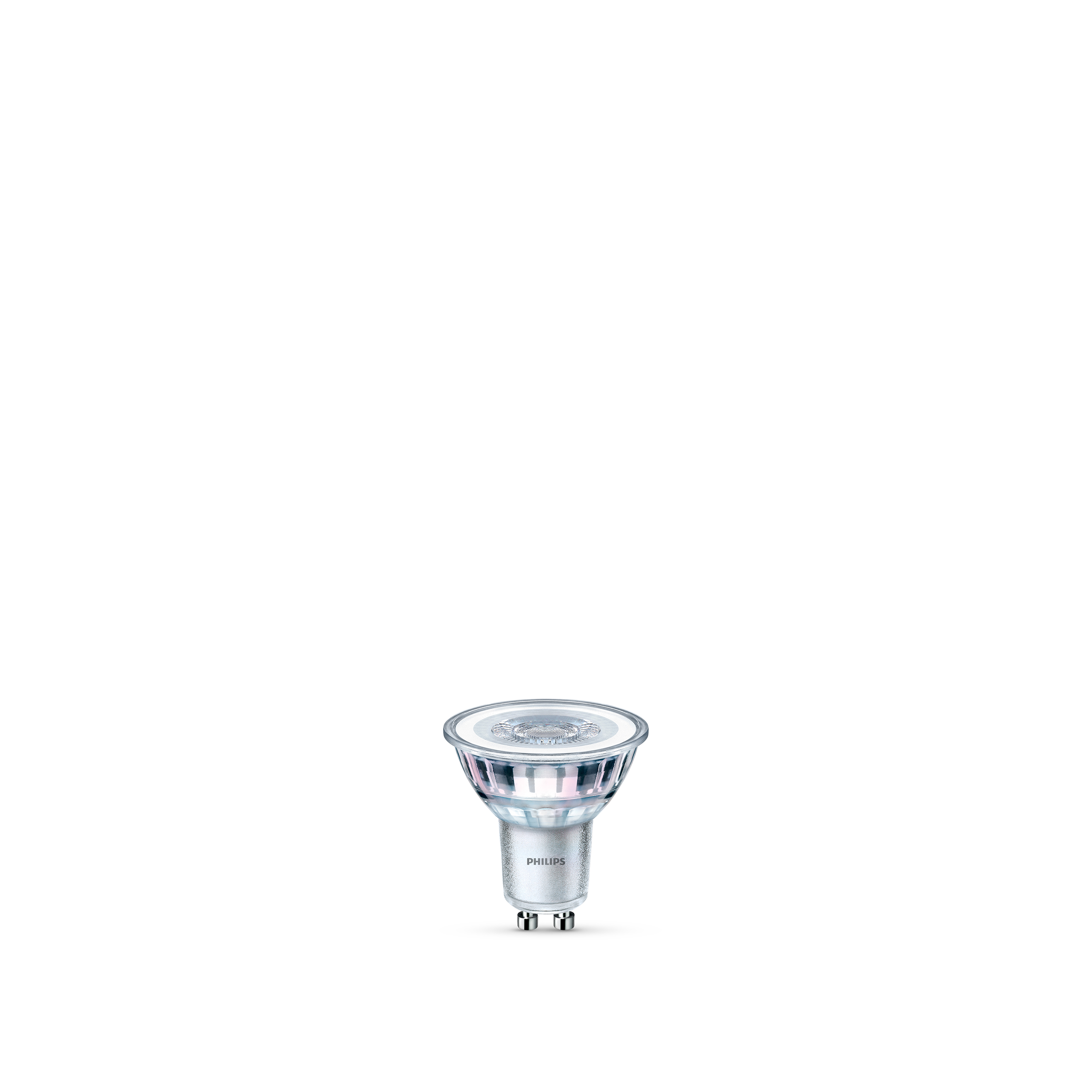 Una lampadina LED Philips con attacco GU10 su sfondo bianco.