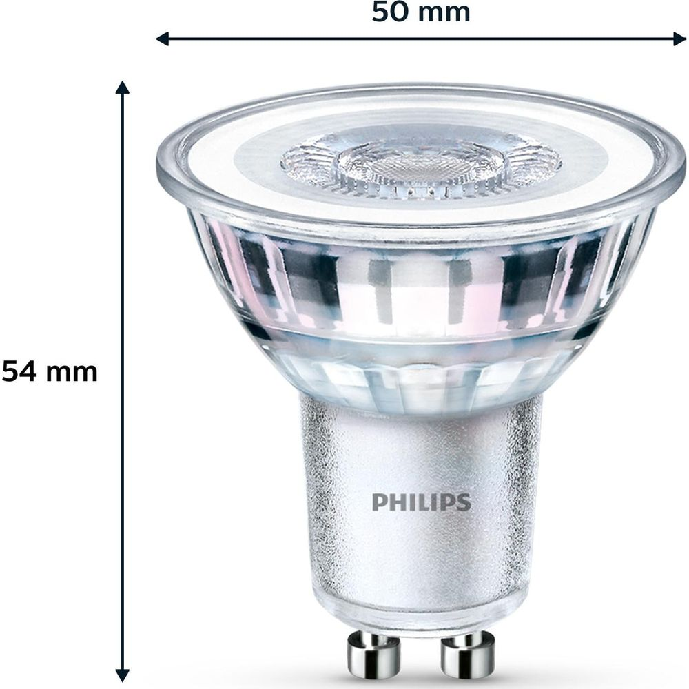 Lampadina LED Philips, larga 50 mm, alta 54 mm, base GU10.