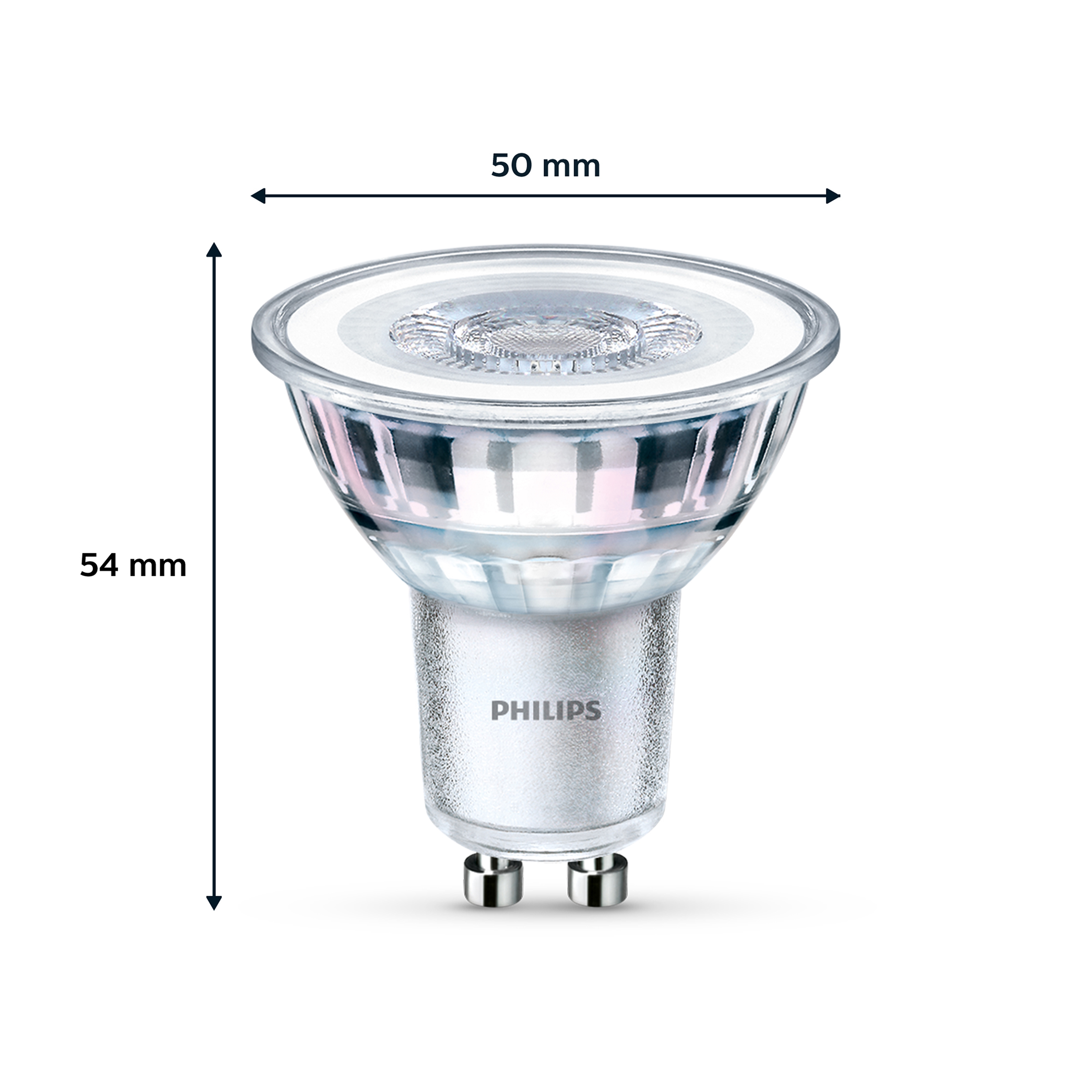 Lampadina LED Philips con attacco GU10, larga 50 mm e alta 54 mm.