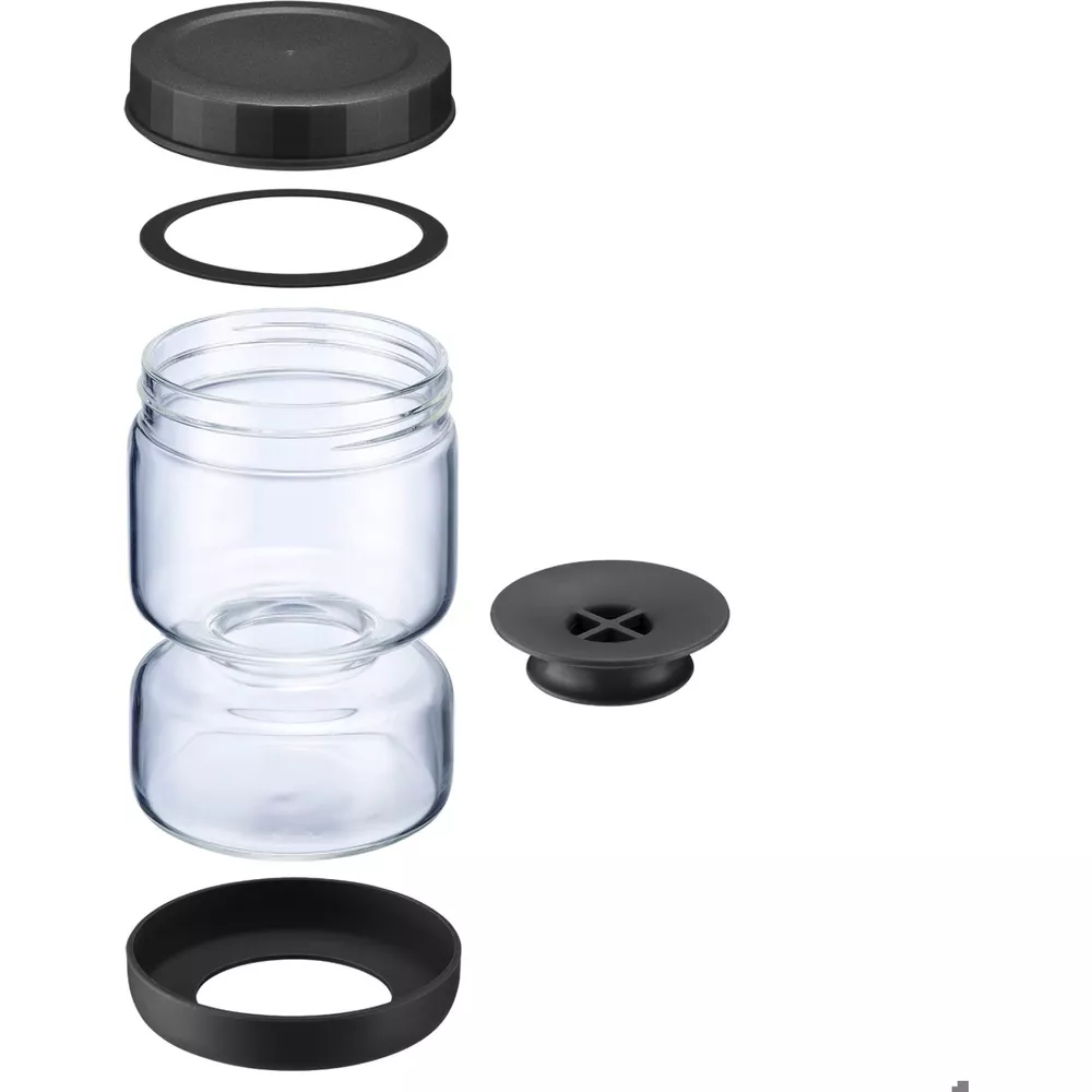 Explodierte Ansicht eines Glaskolbens mit schwarzem Deckel, Dichtung, Einsatz und Ring.