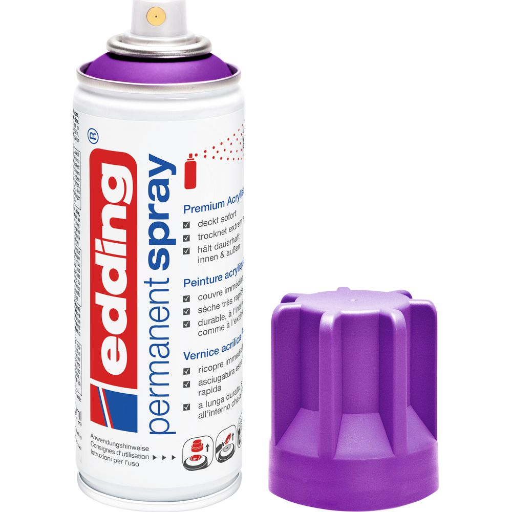Lila Edding Permanent Spray Dose mit lila Kappe daneben. Text auf Deutsch.