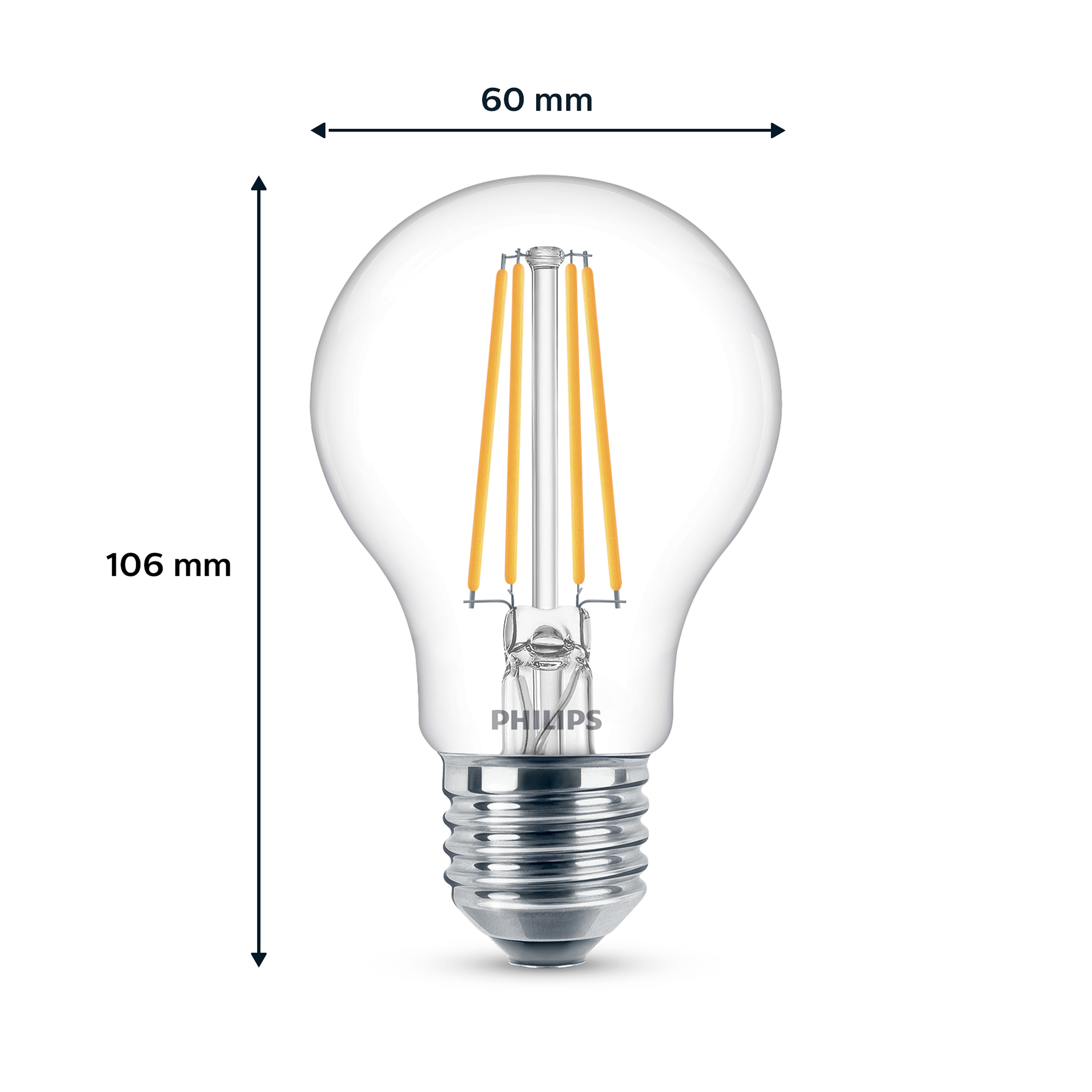 Klare Glühbirne mit 4 gelben LED-Fäden, 60mm breit, 106mm hoch.